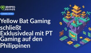 Zwei Männer schütteln Hände vor Hintergrund mit Logos von Yellow Bat Gaming und PT Gaming, philippinische Flagge sichtbar