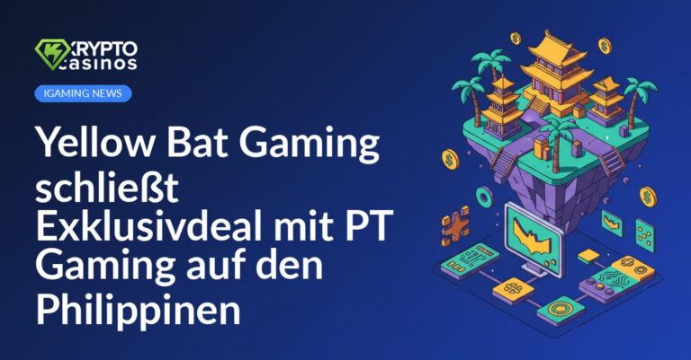 Zwei Männer schütteln Hände vor Hintergrund mit Logos von Yellow Bat Gaming und PT Gaming, philippinische Flagge sichtbar