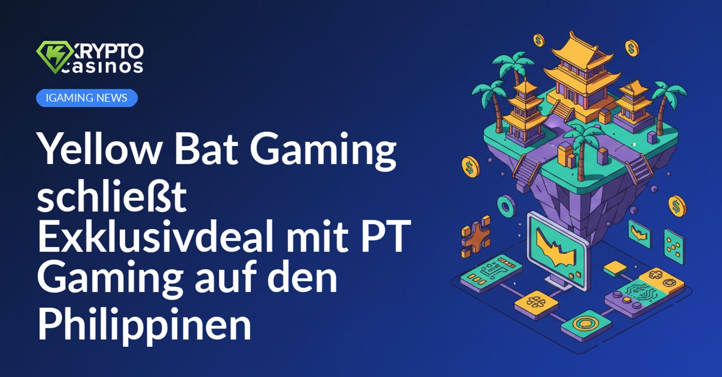 Zwei Männer schütteln Hände vor Hintergrund mit Logos von Yellow Bat Gaming und PT Gaming, philippinische Flagge sichtbar