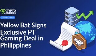 Signed contract with red seal on wood table, handshake icon plaque, server stack beside growth chart and Asian globe illustration.