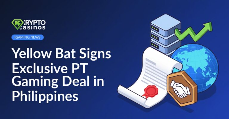 Signed contract with red seal on wood table, handshake icon plaque, server stack beside growth chart and Asian globe illustration.