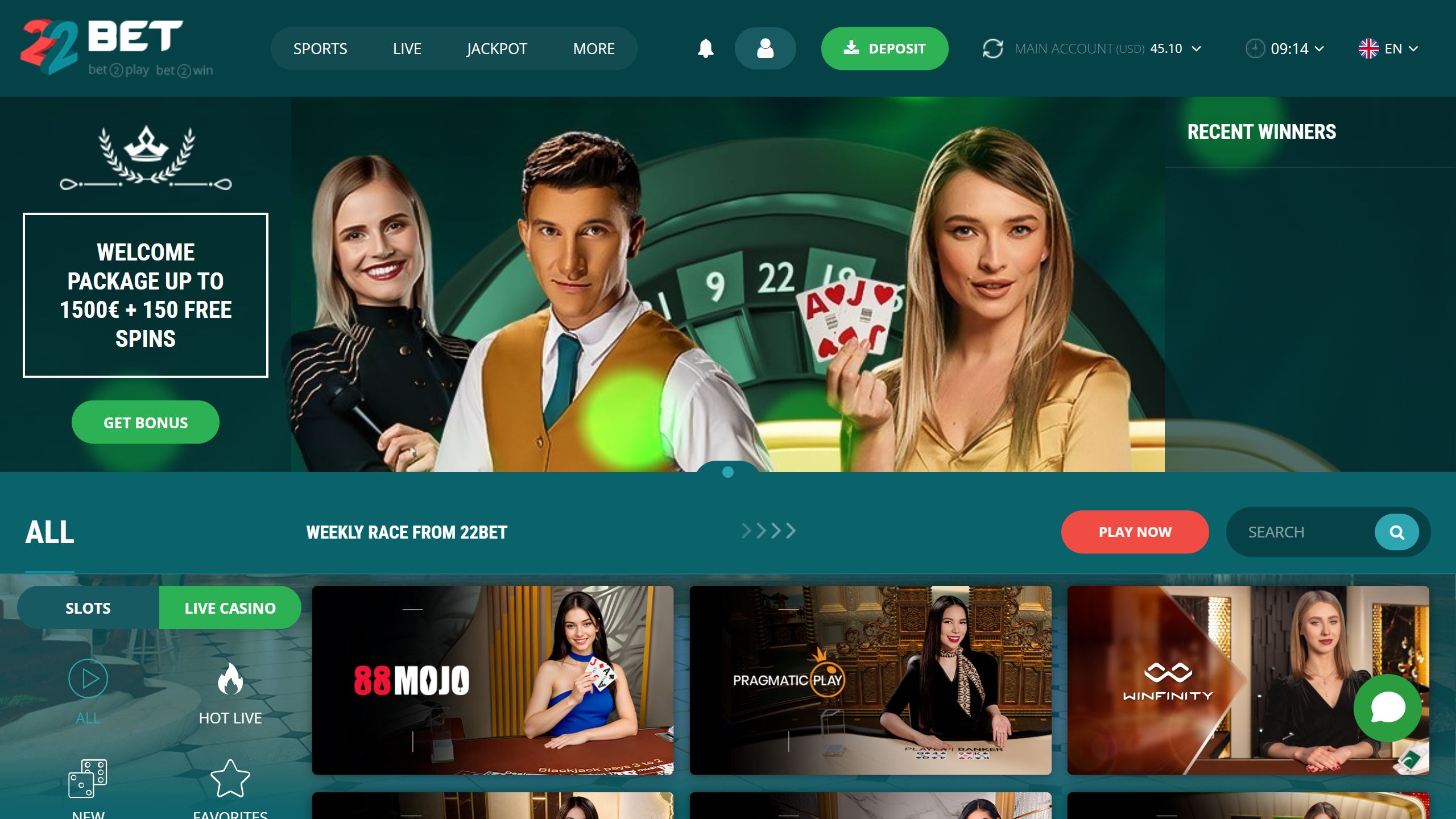 screenshot of 22bet casino showing the bonus banner and game lobby