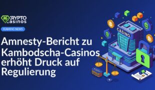 Blick auf beleuchtete Casinos in Phnom Penh bei Nacht, Menschenstrom vor Eingängen, Neonlichter spiegeln Straße