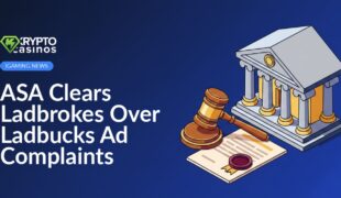 Government building with columns, tilted wooden gavel, and stamped official document on wooden surface.