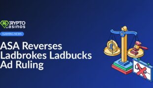 ASA logo next to a Ladbrokes Ladbucks promotional poster with a gavel overlay on a wooden table background