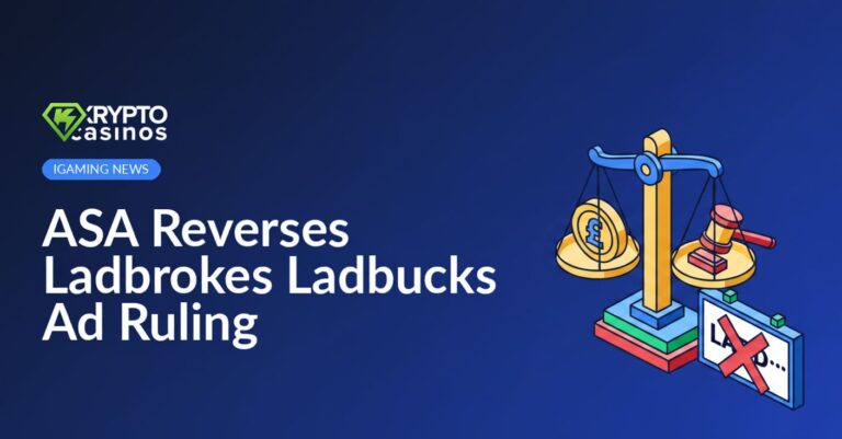 ASA logo next to a Ladbrokes Ladbucks promotional poster with a gavel overlay on a wooden table background