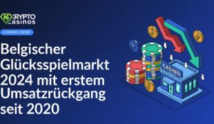 Spielautomat mit fallendem Pfeil und Geldscheinen auf blauem Hintergrund, Zahl „2024“ oben rechts sichtbar