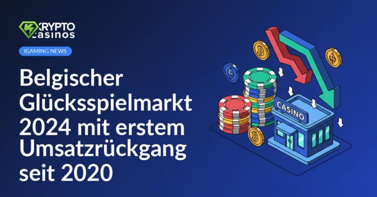 Spielautomat mit fallendem Pfeil und Geldscheinen auf blauem Hintergrund, Zahl „2024“ oben rechts sichtbar