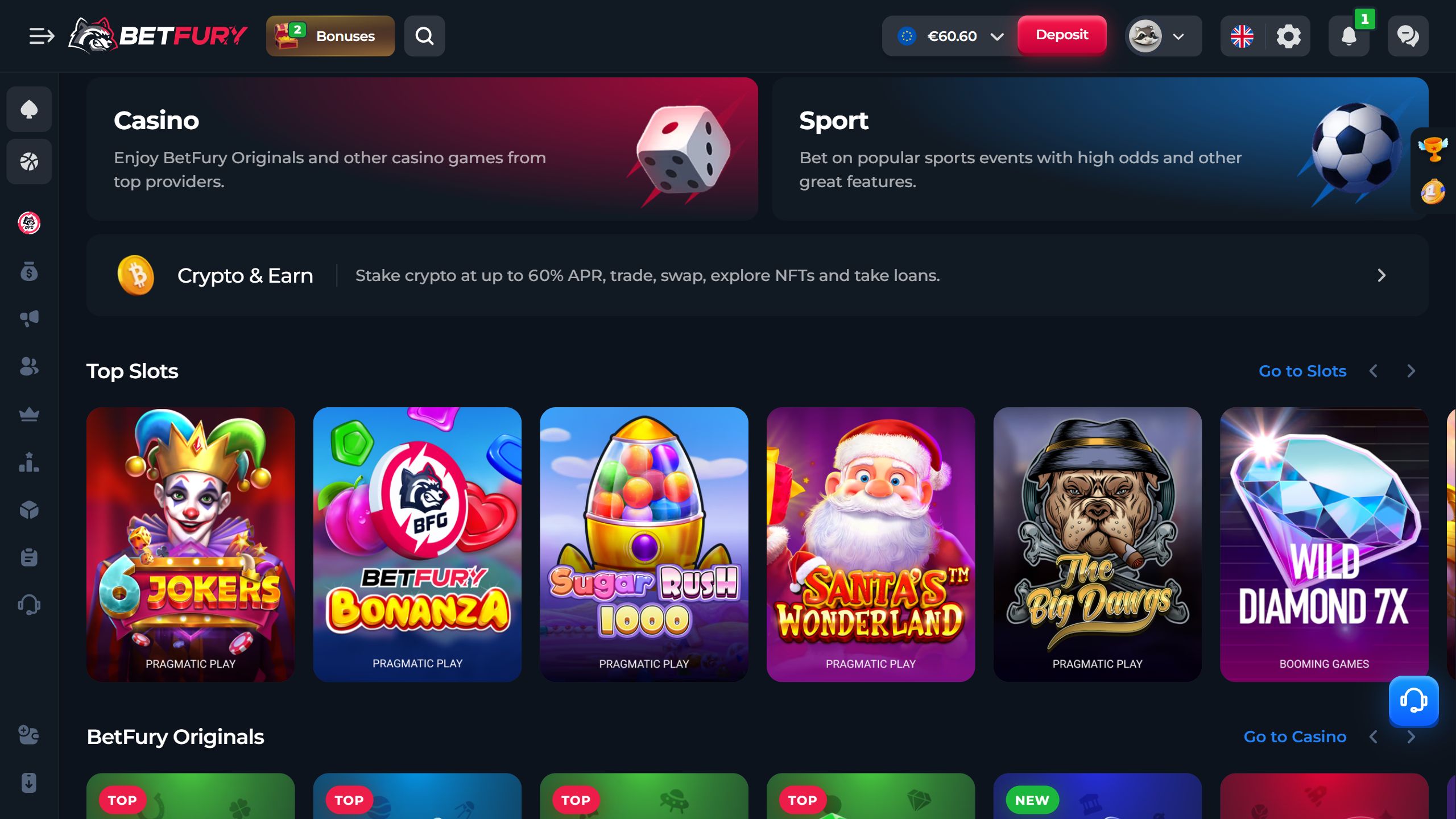screenshot of Betfury casino showing the game lobby