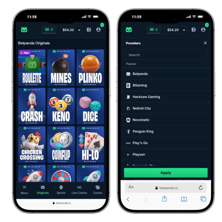 mobile screenshot of Betpanda in-house games and the provider search option