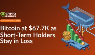 Downward red bar chart with arrow, cracked gold coin stack on platform, large whale floating above connected thin pipes.