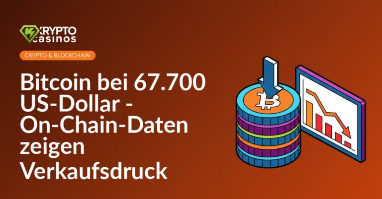 Stapel digitale Münzen neben Bildschirm mit abfallendem Diagramm und rotem Pfeil nach unten.