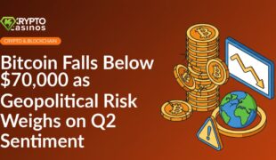 Stack of cracked gold coins, downward trending chart on a screen, fractured globe with a red warning triangle.