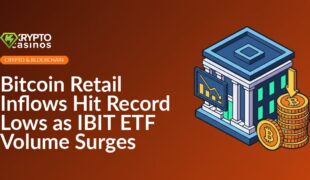 Stock exchange building with glowing ticker, shrinking bar chart on screen, and stacked coins with downward red arrow.