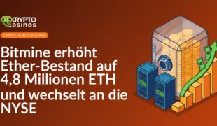 Glas-Safe mit Stapel Münzen, Server-Rack, aufsteigende Balkengrafik und Dollar-Scheine im Hintergrund.