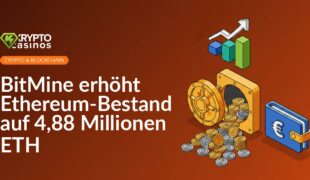 Großer Tresor mit herausfallenden Münzen, aufsteigendes Säulendiagramm mit Pfeil, übergroße digitale Geldbörse im Hintergrund