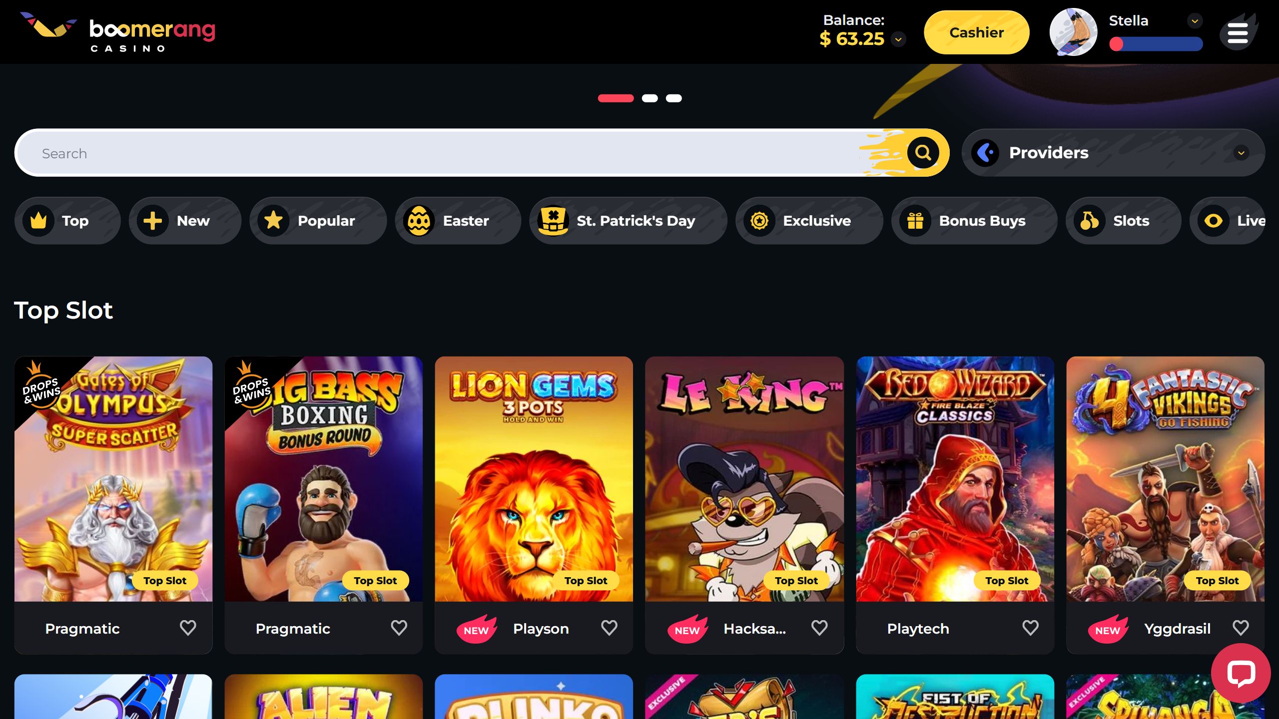 screenshot of Boomerang casino showing the game lobby and game categories