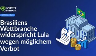 Regierungsgebäude mit brasilianischer Flagge, Dokument mit Fragezeichen, Münzstapel und aufsteigendem Balkendiagramm.