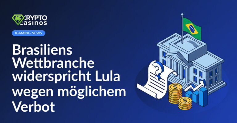 Regierungsgebäude mit brasilianischer Flagge, Dokument mit Fragezeichen, Münzstapel und aufsteigendem Balkendiagramm.