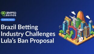 Brazilian flag behind a football and poker chips on a wooden table with a legal document and a pen nearby.