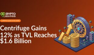 Stack of gold coins with an upward red arrow, grid of interconnected server nodes, and a large digital vault door in background.