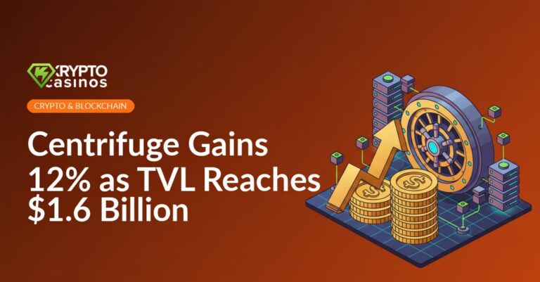 Stack of gold coins with an upward red arrow, grid of interconnected server nodes, and a large digital vault door in background.