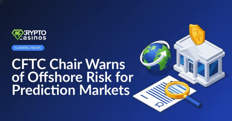 Government building with shield emblem, globe with curved arrow, and contract under magnifying glass on blue background.