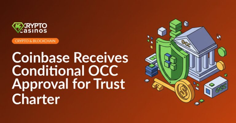 Coinbase logo overlaid on a digital bank building with OCC seal and glowing blockchain symbols on a blue background.