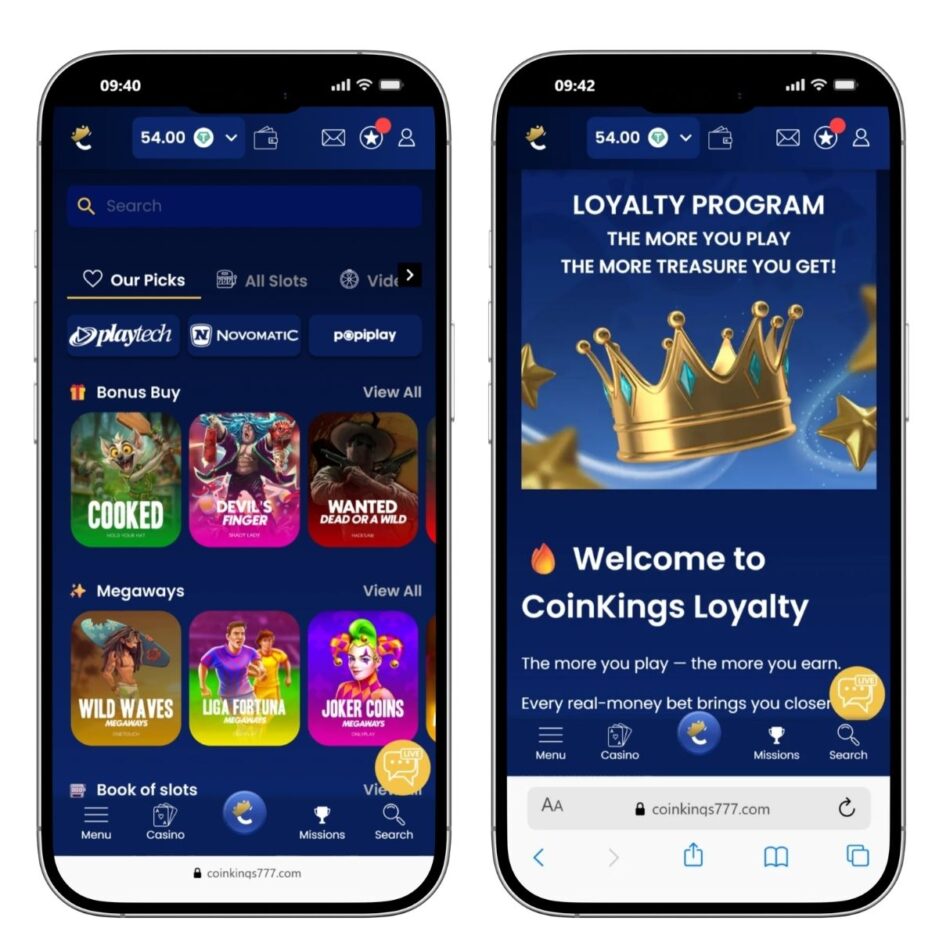 mobile screenshot of Coinkings lobby and loyalty program