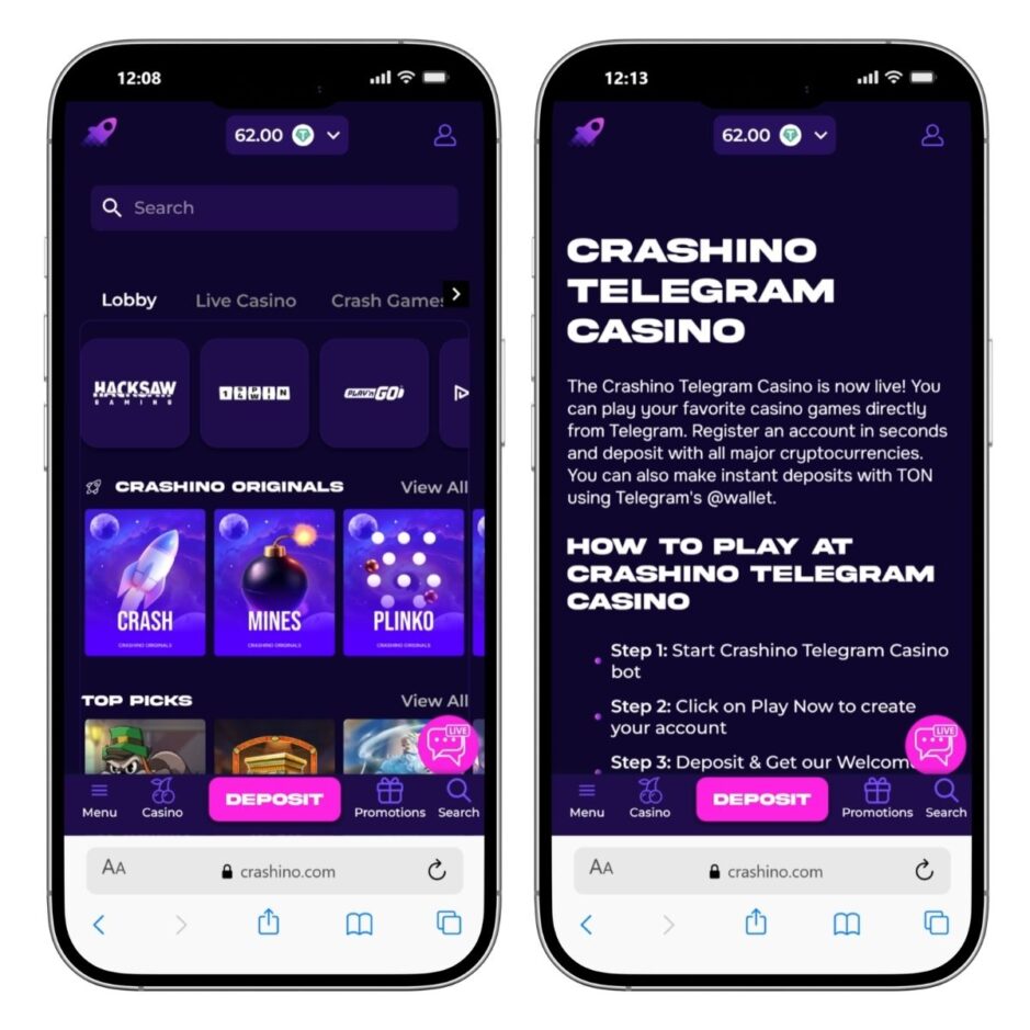 mobile screenshot of crashino game lobby and telegram casino