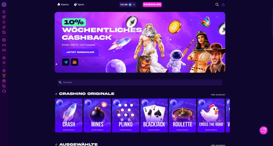 Screenshot der Crashino Homepage