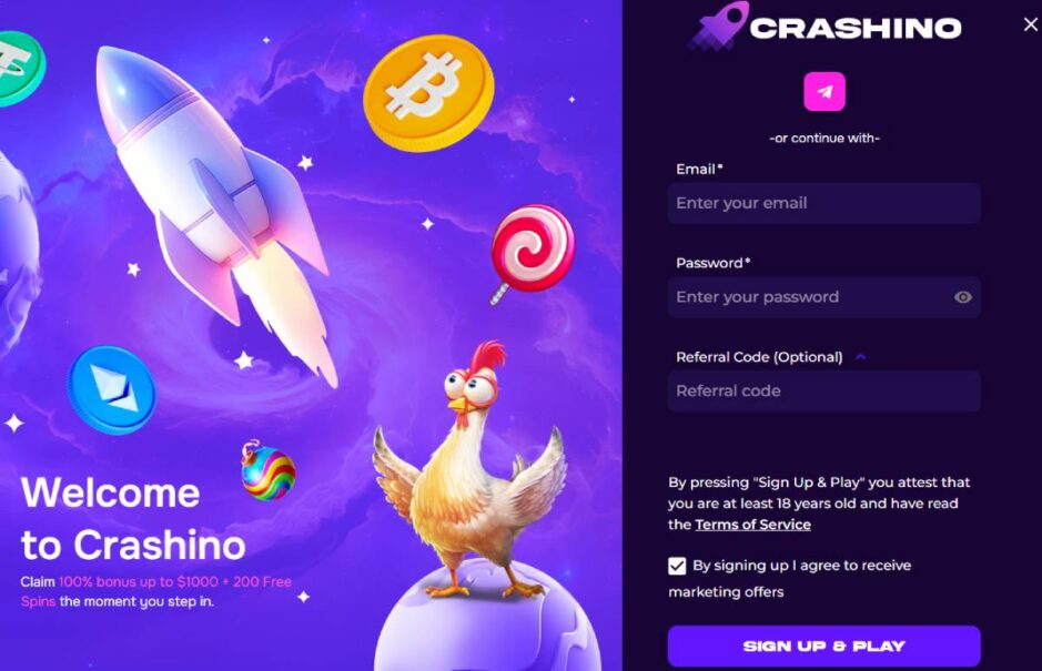 screenshot showing how to register at Crashino casino via email or Telegram