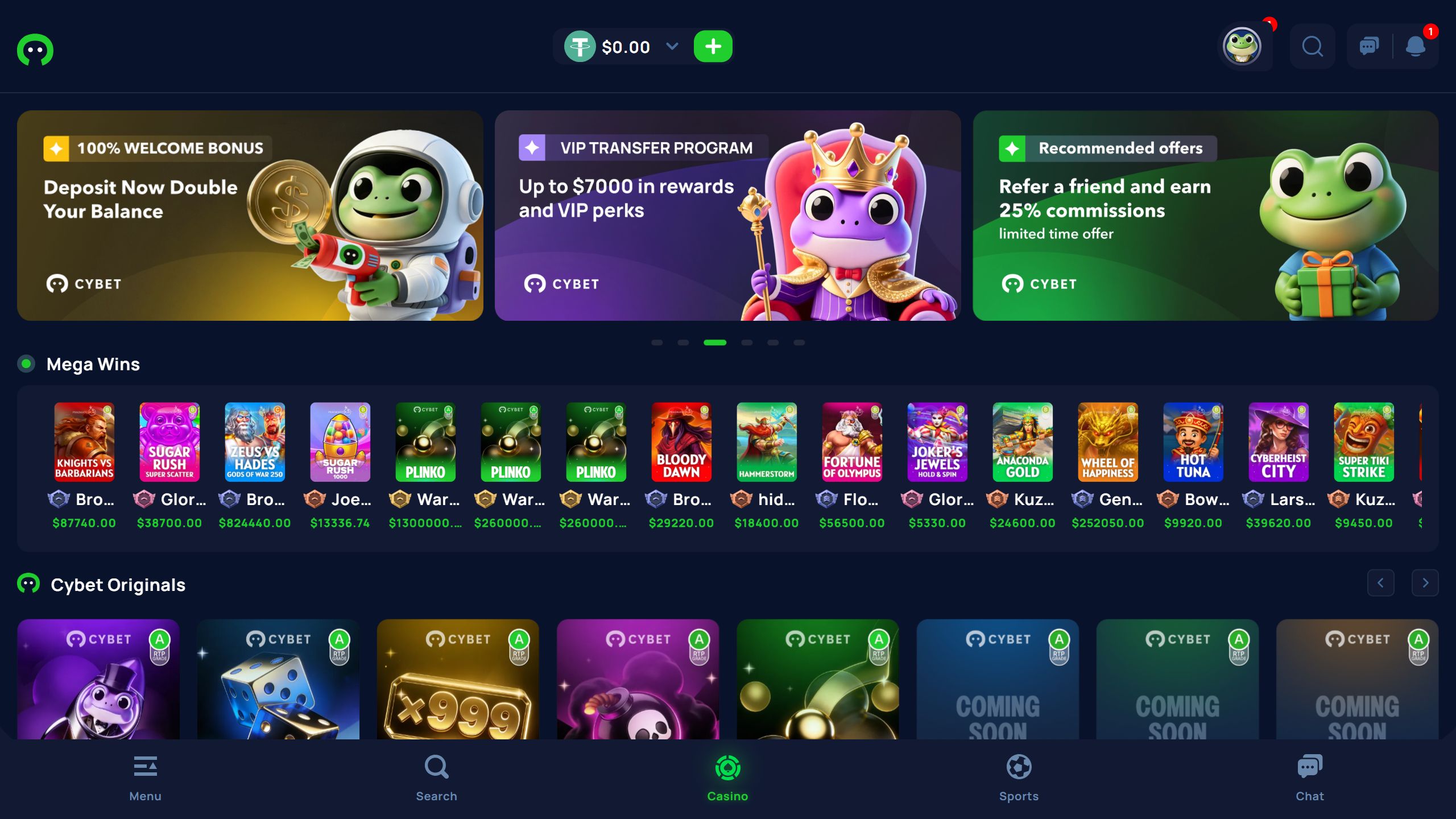screenshot of Cybet casino showing the bonus banner and game lobby