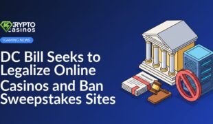 Government building beside a legal document with gavel and a server rack marked with a red prohibition symbol