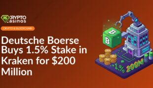 Deutsche Boerse and Kraken logos connected by a digital network with financial data and stock market charts in the background