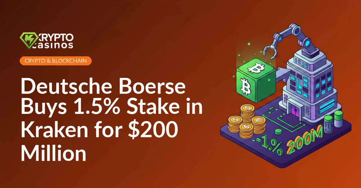 Deutsche Boerse and Kraken logos connected by a digital network with financial data and stock market charts in the background