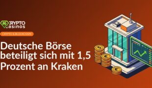 Modernes Börsengebäude im Hintergrund, digitales Handelsdisplay mit steigendem Kursdiagramm, Stapel goldener Münzen im Vordergrund.