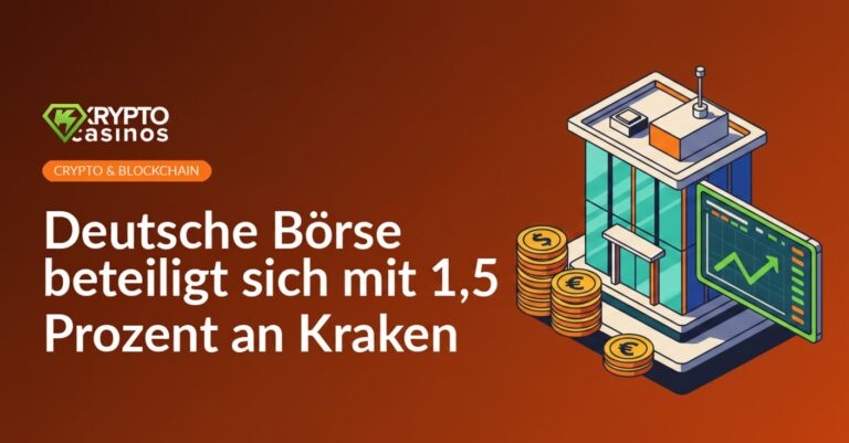 Modernes Börsengebäude im Hintergrund, digitales Handelsdisplay mit steigendem Kursdiagramm, Stapel goldener Münzen im Vordergrund.