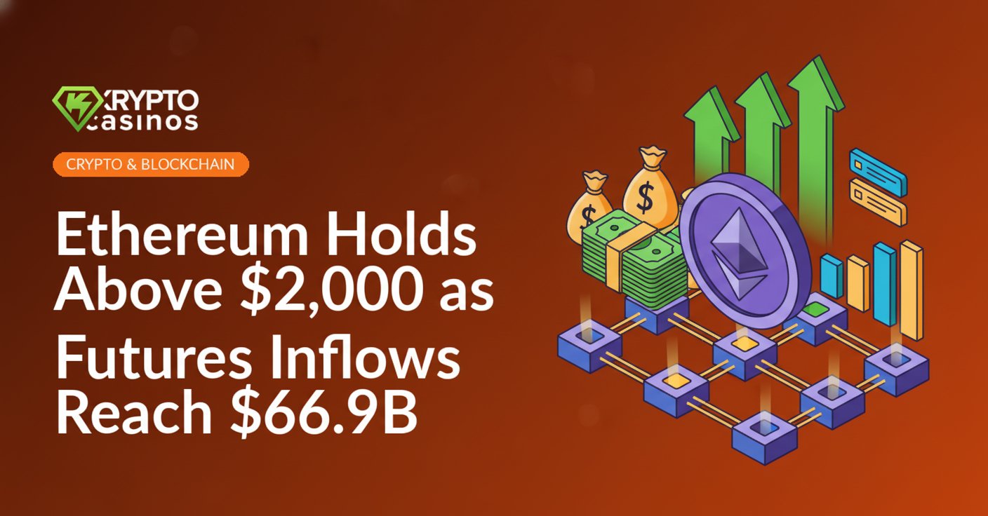 Ethereum logo glowing in blue and purple hues over a dark background with digital data charts and upward arrows.