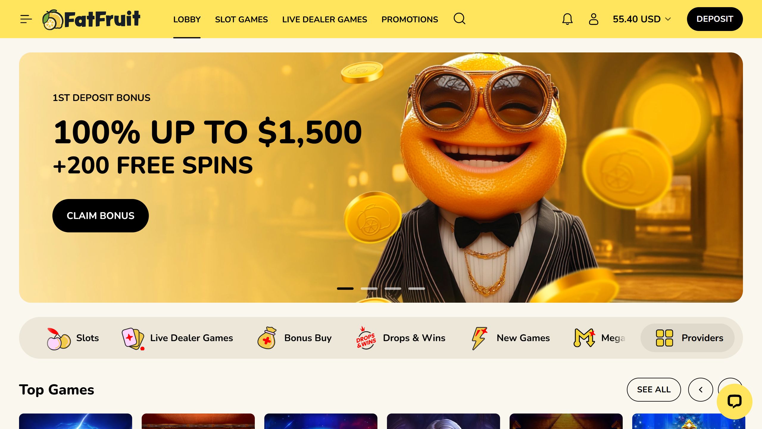 screenshot of Fatfruit casino showing the bonus banner and game lobby
