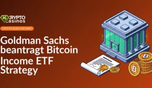 Modernes Bankgebäude, offizielles Dokument mit Siegel und digitaler Münzstapel im Vordergrund.