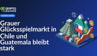 Karte von Chile und Guatemala mit Symbolen für Glücksspiel wie Würfel, Spielkarten und Chips vor dunklem Hintergrund