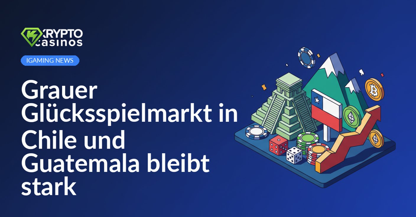 Karte von Chile und Guatemala mit Symbolen für Glücksspiel wie Würfel, Spielkarten und Chips vor dunklem Hintergrund