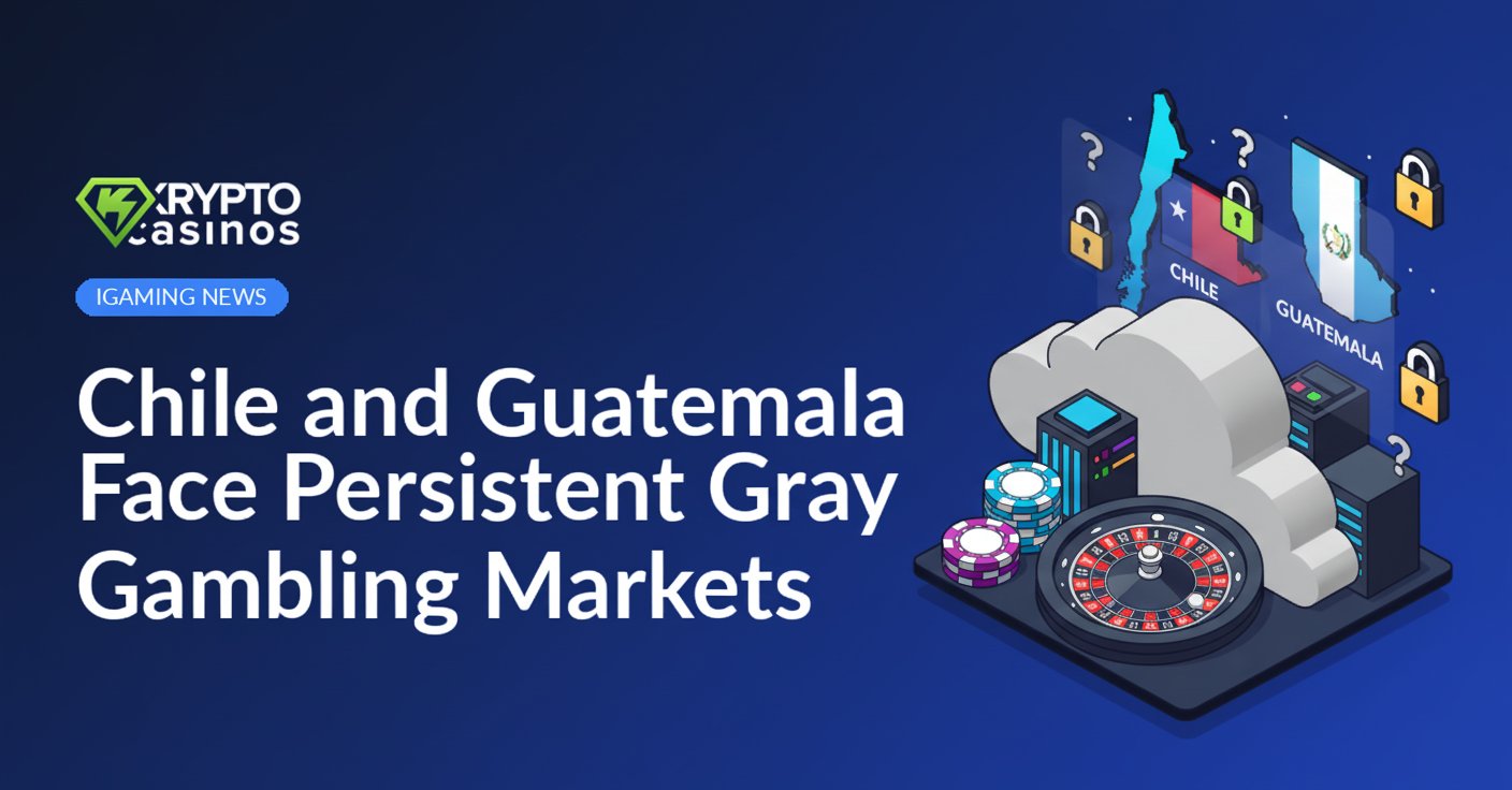 Map highlighting Chile and Guatemala in gray with gambling icons and currency symbols overlaid on a dark background