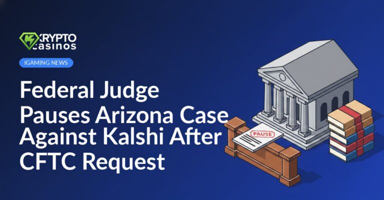 Courthouse building with legal document stamped "PAUSE" in red and stack of case files behind a barrier fence.