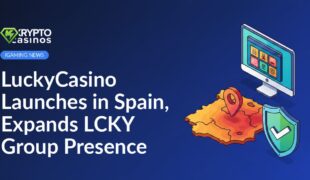 Isometric desktop with casino game screen, 3D Spain map marked with location pin, and shield with checkmark symbol.