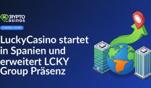 Globus mit Spanien hervorgehoben, zwei moderne Bürogebäude, Aufwärtspfeil mit Standort-Pin über Spanien