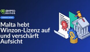 Lizenzdokument mit rotem Stempel, Justizgebäude mit Hammer-Emblem, Münzstapel neben Zahnradsymbol mit Prozentzeichen