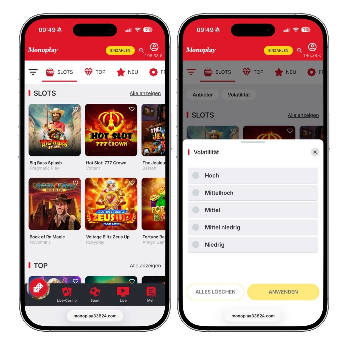 Mobiler Screenshot von der Spielsitzung im Monoplay Casino