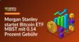 Morgan Stanley-Logo neben Bitcoin-Symbol auf blauem Hintergrund mit steigenden Kursdiagrammen und Euroscheinen unten rechts.